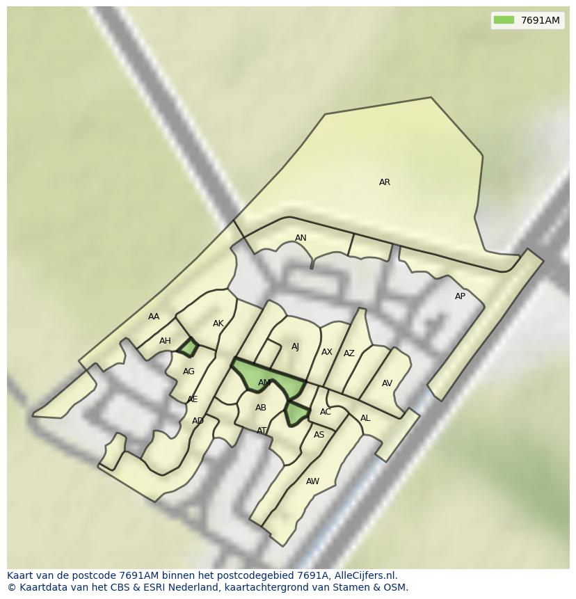 Afbeelding van het postcodegebied 7691 AM op de kaart.