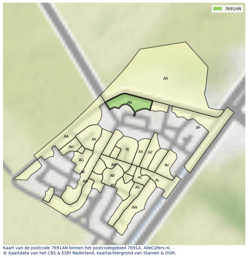 Afbeelding van het postcodegebied 7691 AN op de kaart.