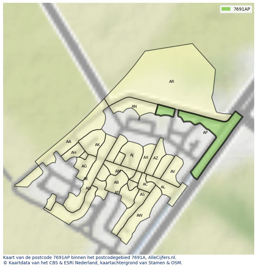 Afbeelding van het postcodegebied 7691 AP op de kaart.