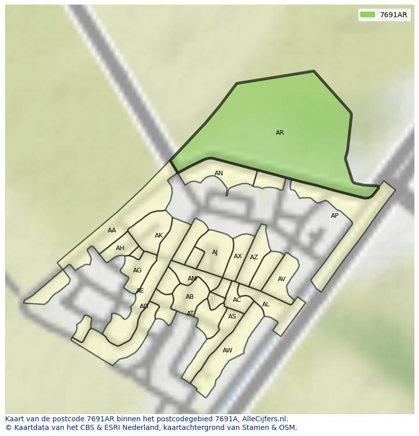 Afbeelding van het postcodegebied 7691 AR op de kaart.