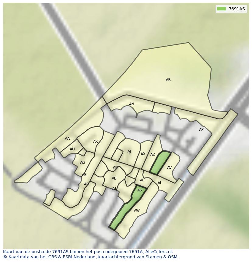 Afbeelding van het postcodegebied 7691 AS op de kaart.