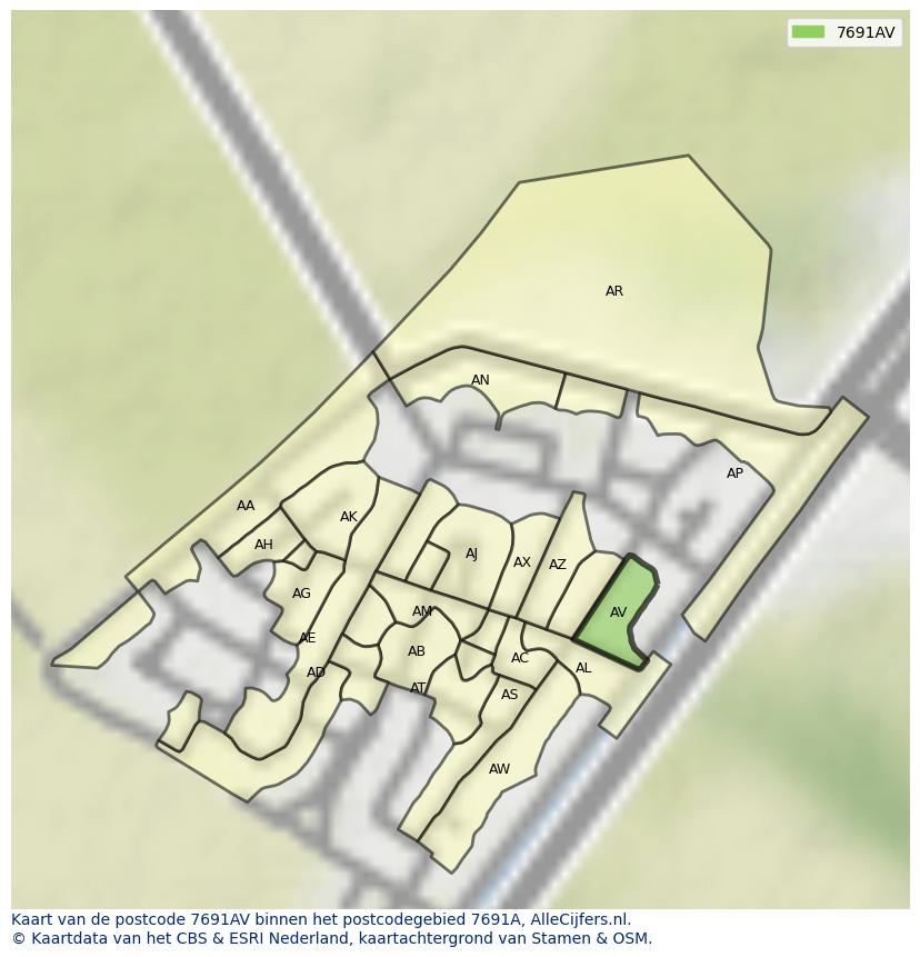 Afbeelding van het postcodegebied 7691 AV op de kaart.
