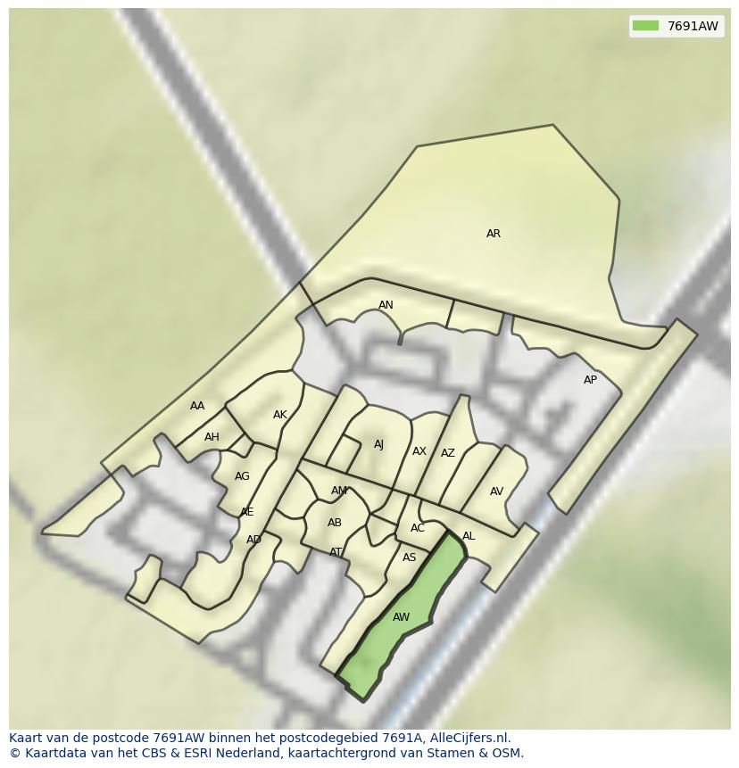 Afbeelding van het postcodegebied 7691 AW op de kaart.