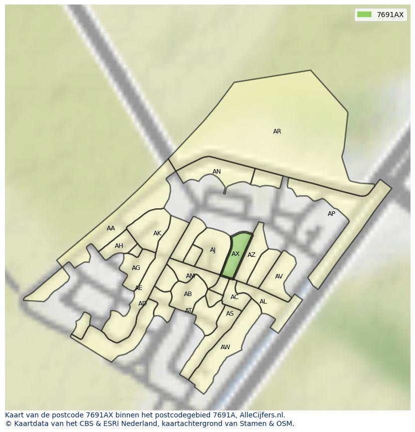 Afbeelding van het postcodegebied 7691 AX op de kaart.
