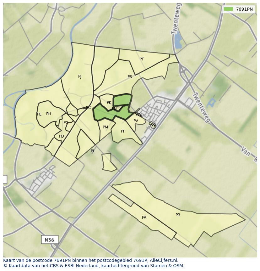 Afbeelding van het postcodegebied 7691 PN op de kaart.