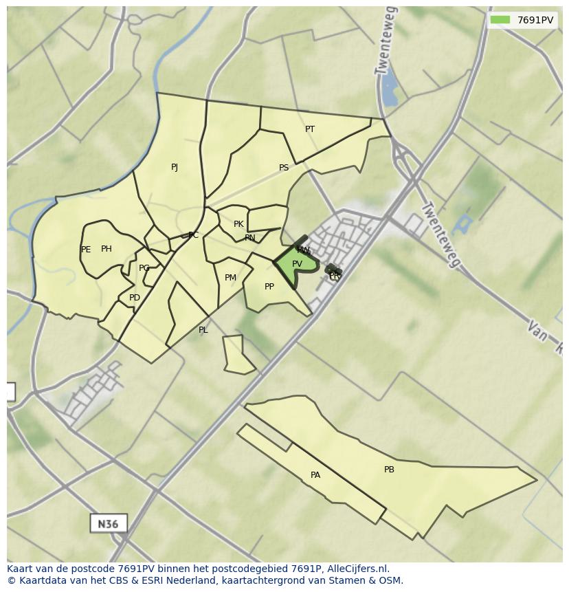 Afbeelding van het postcodegebied 7691 PV op de kaart.