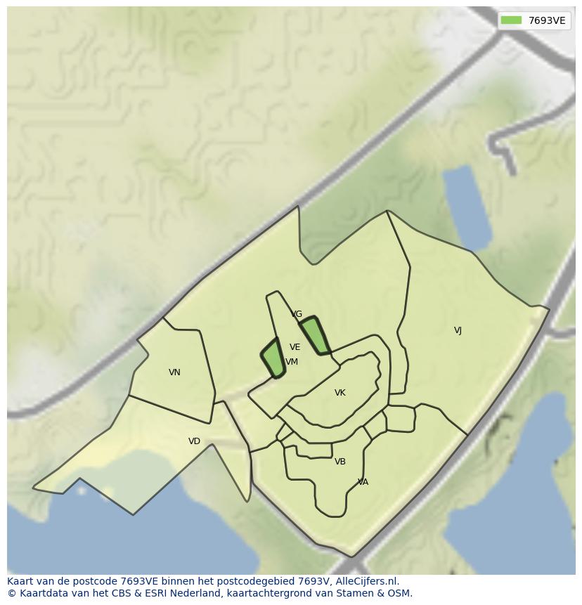 Afbeelding van het postcodegebied 7693 VE op de kaart.