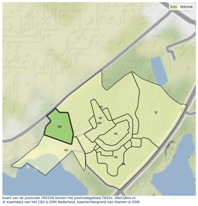 Afbeelding van het postcodegebied 7693 VN op de kaart.