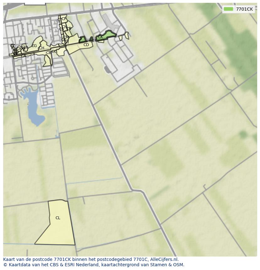 Afbeelding van het postcodegebied 7701 CK op de kaart.