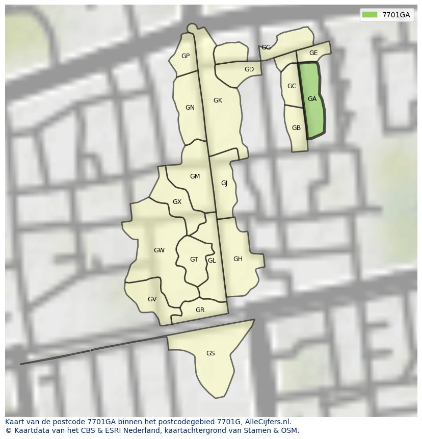 Afbeelding van het postcodegebied 7701 GA op de kaart.