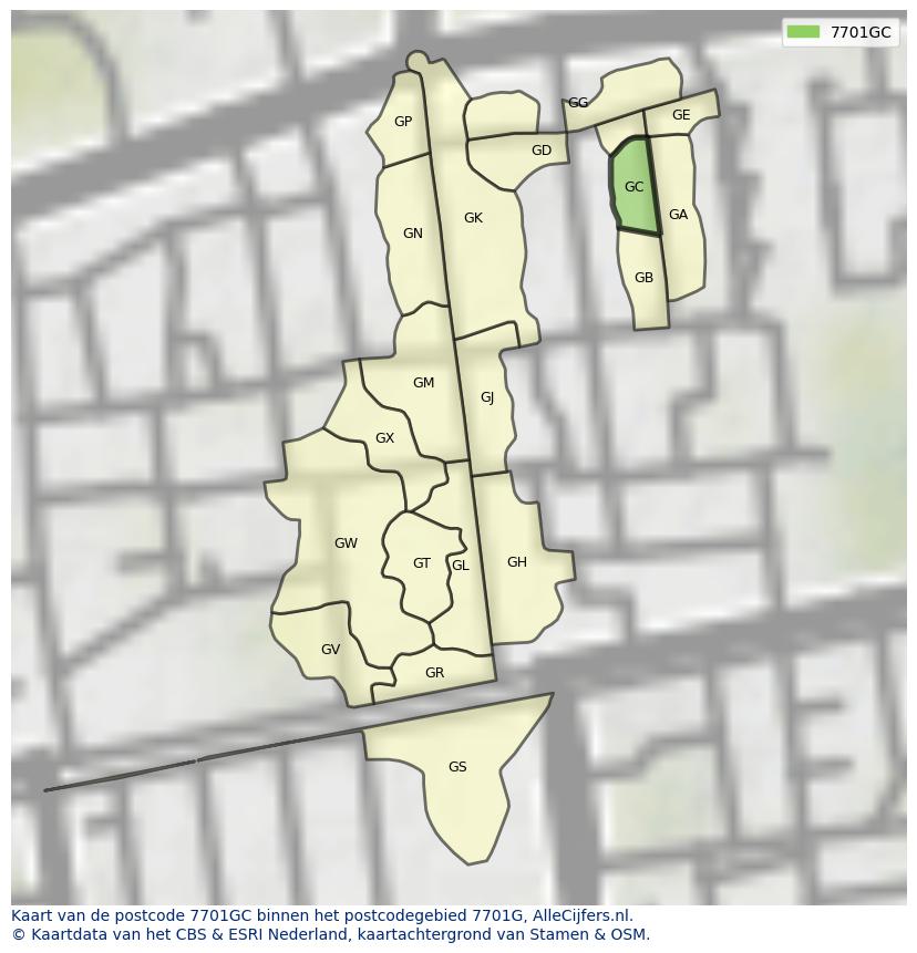 Afbeelding van het postcodegebied 7701 GC op de kaart.