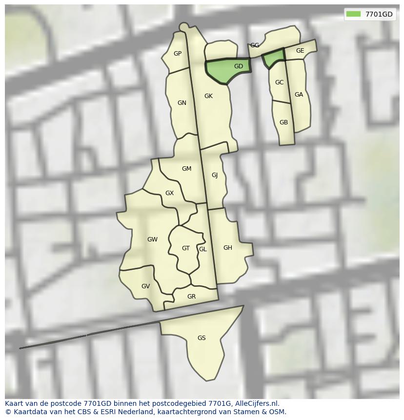 Afbeelding van het postcodegebied 7701 GD op de kaart.