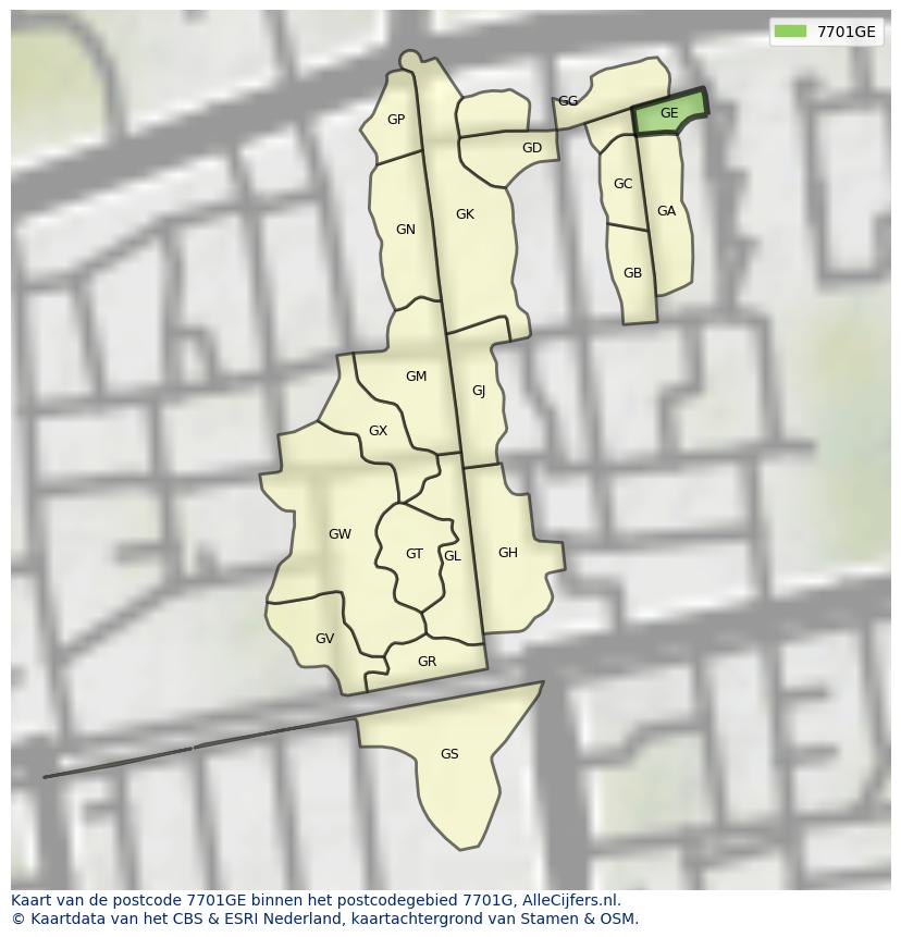 Afbeelding van het postcodegebied 7701 GE op de kaart.