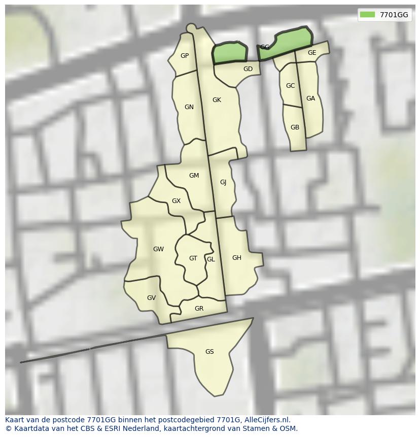 Afbeelding van het postcodegebied 7701 GG op de kaart.