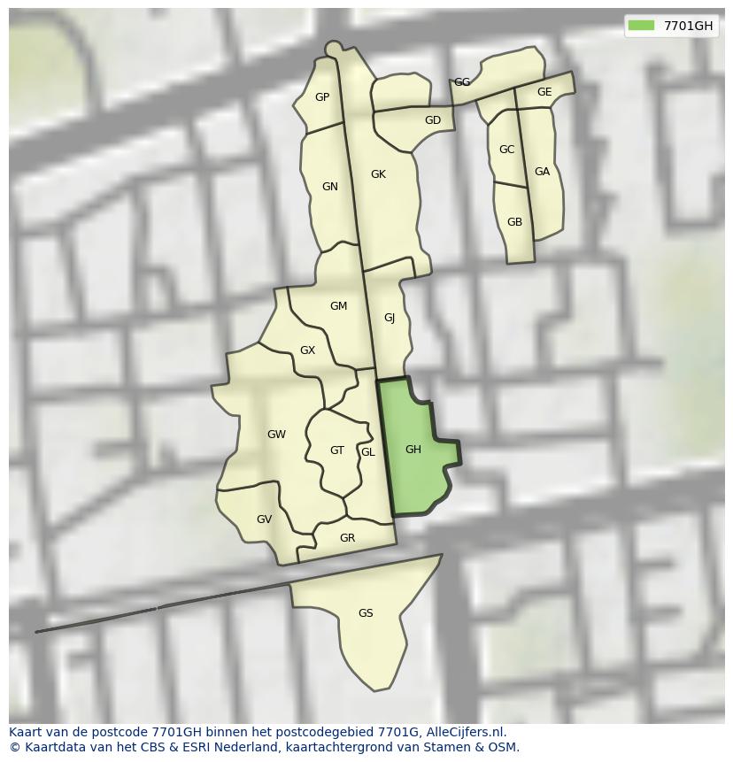 Afbeelding van het postcodegebied 7701 GH op de kaart.