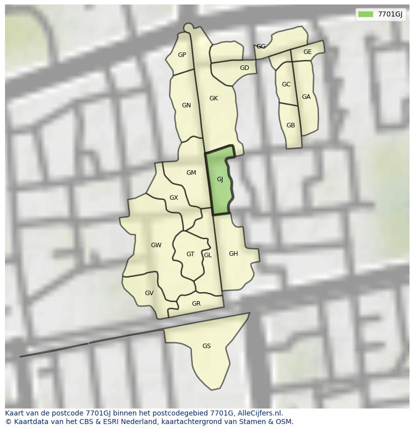 Afbeelding van het postcodegebied 7701 GJ op de kaart.