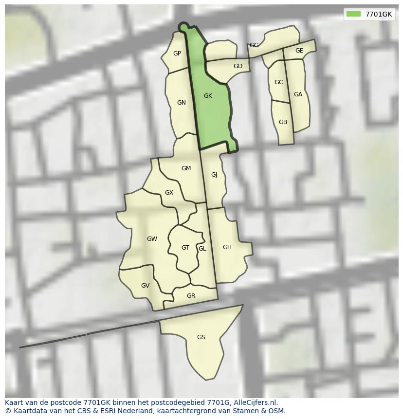 Afbeelding van het postcodegebied 7701 GK op de kaart.