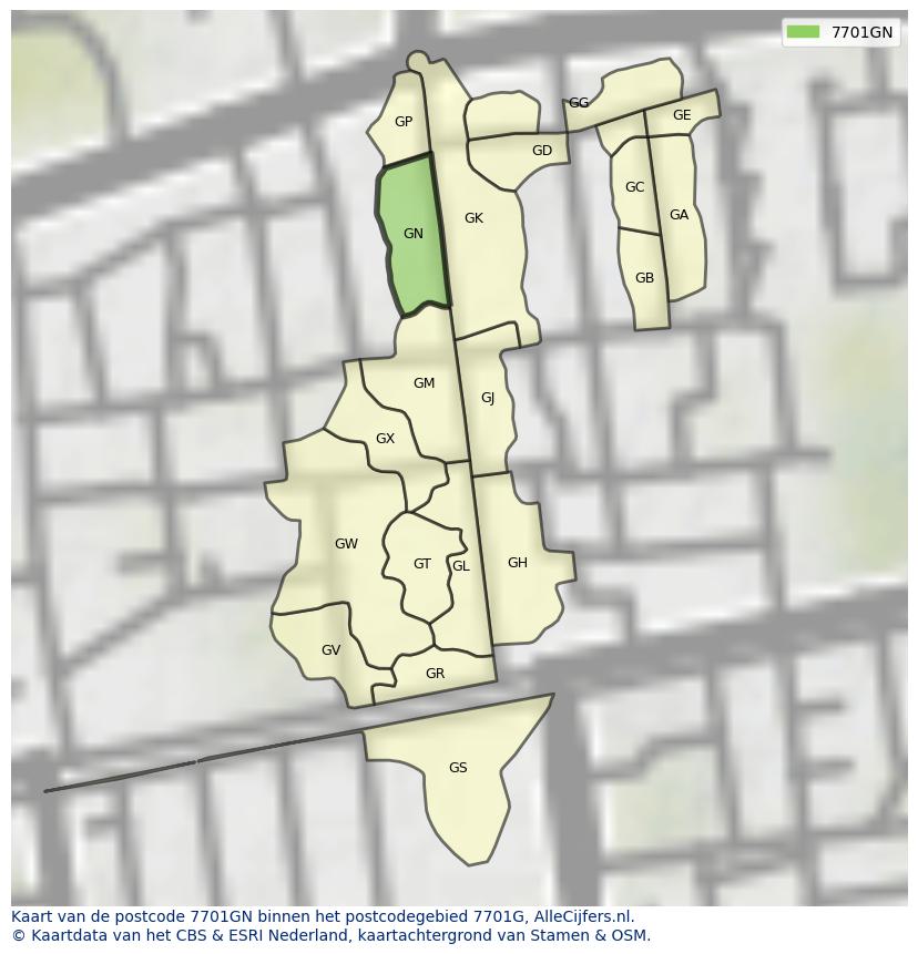 Afbeelding van het postcodegebied 7701 GN op de kaart.