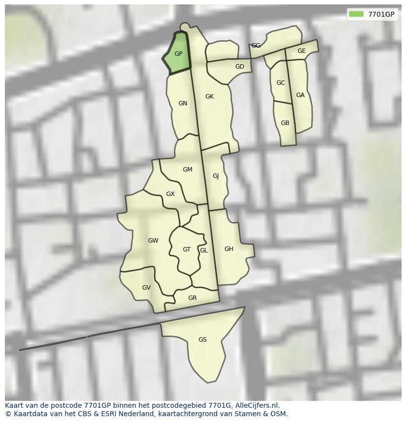 Afbeelding van het postcodegebied 7701 GP op de kaart.