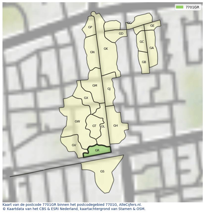 Afbeelding van het postcodegebied 7701 GR op de kaart.