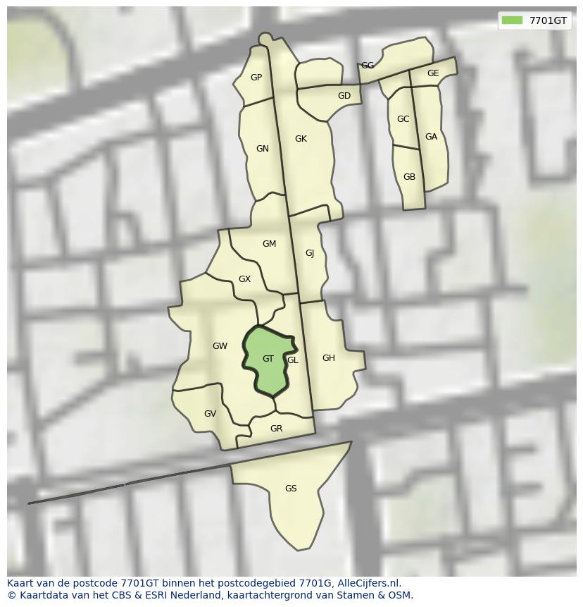 Afbeelding van het postcodegebied 7701 GT op de kaart.