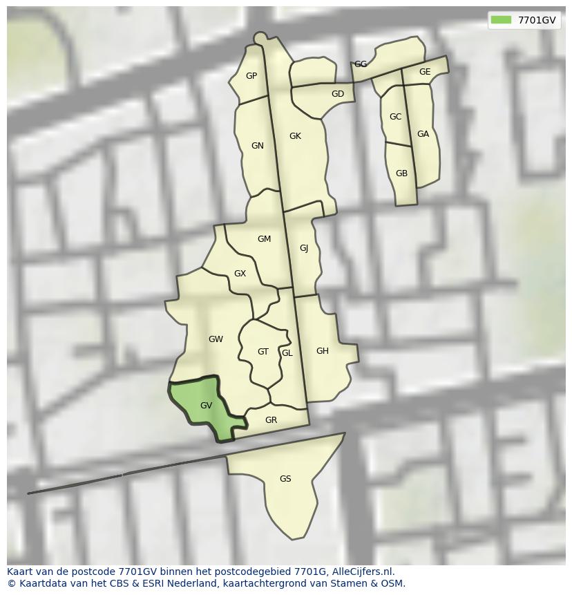 Afbeelding van het postcodegebied 7701 GV op de kaart.