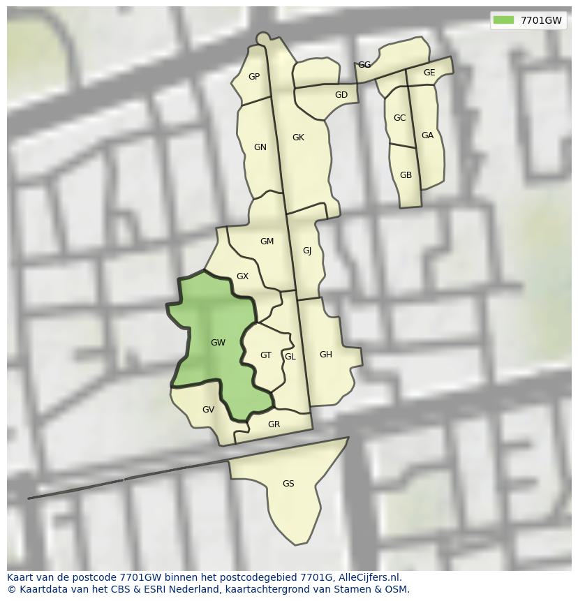 Afbeelding van het postcodegebied 7701 GW op de kaart.
