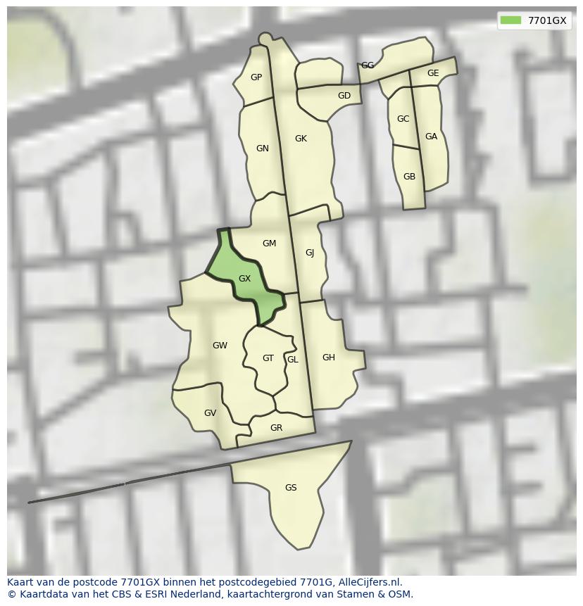Afbeelding van het postcodegebied 7701 GX op de kaart.