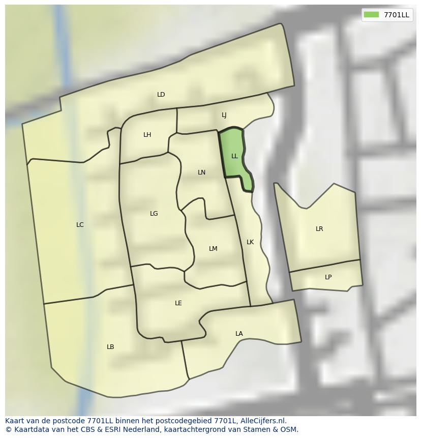 Afbeelding van het postcodegebied 7701 LL op de kaart.