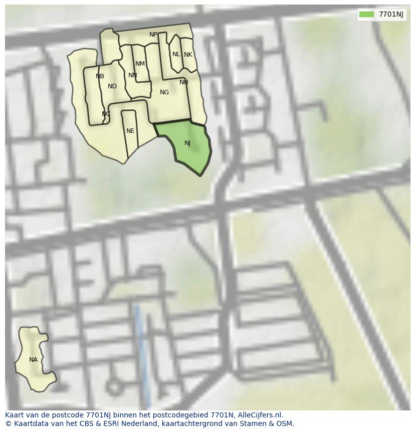 Afbeelding van het postcodegebied 7701 NJ op de kaart.