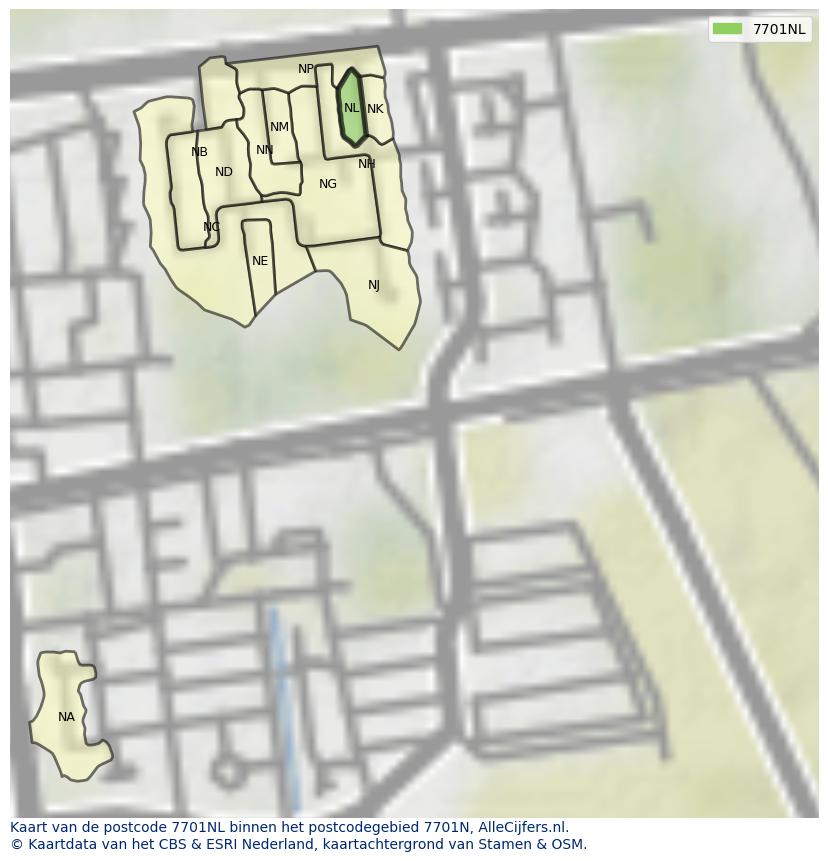 Afbeelding van het postcodegebied 7701 NL op de kaart.