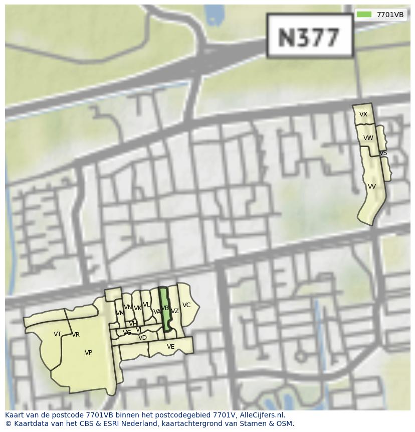 Afbeelding van het postcodegebied 7701 VB op de kaart.