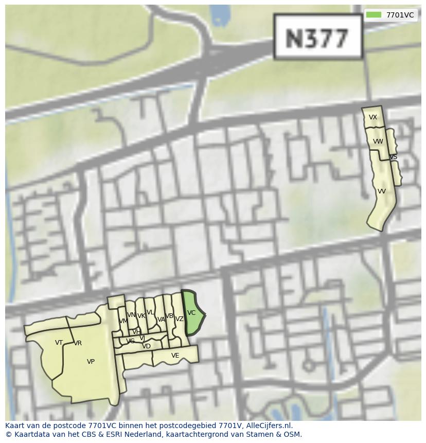Afbeelding van het postcodegebied 7701 VC op de kaart.