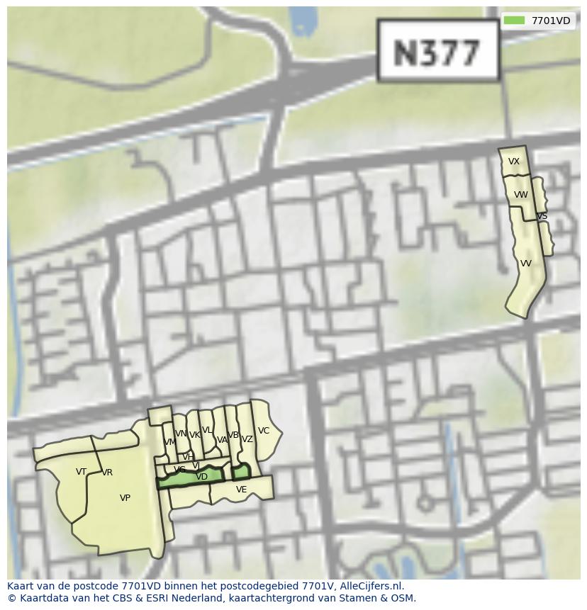 Afbeelding van het postcodegebied 7701 VD op de kaart.