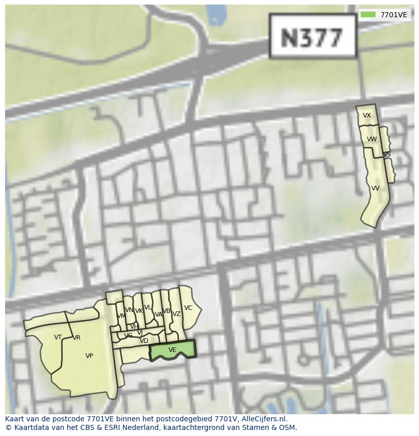 Afbeelding van het postcodegebied 7701 VE op de kaart.