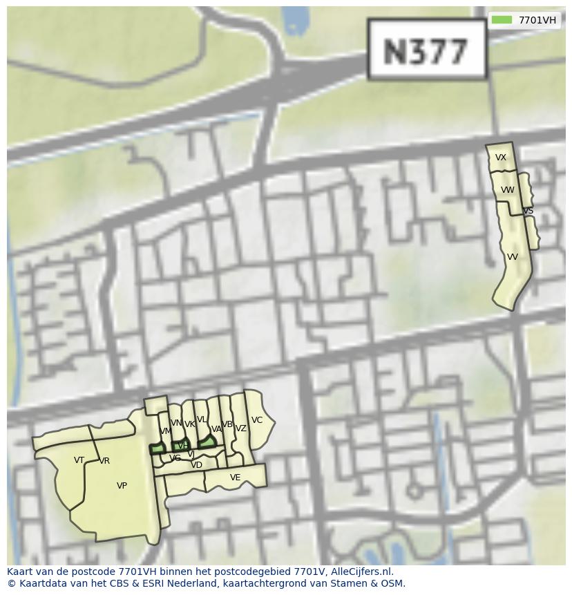 Afbeelding van het postcodegebied 7701 VH op de kaart.