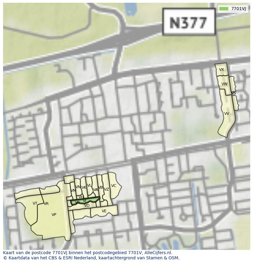 Afbeelding van het postcodegebied 7701 VJ op de kaart.