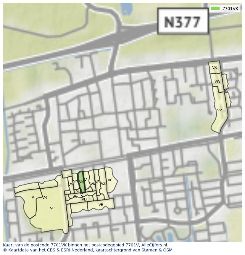 Afbeelding van het postcodegebied 7701 VK op de kaart.