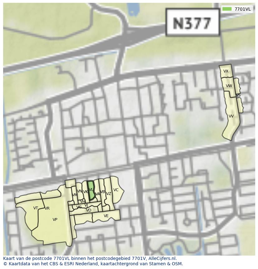Afbeelding van het postcodegebied 7701 VL op de kaart.