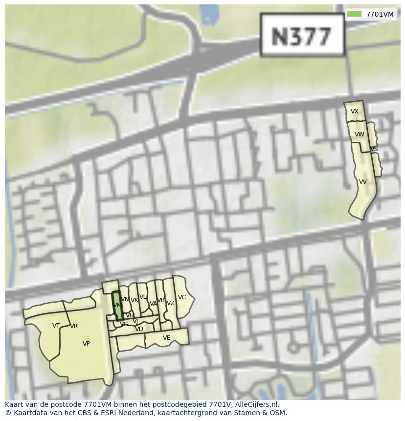 Afbeelding van het postcodegebied 7701 VM op de kaart.
