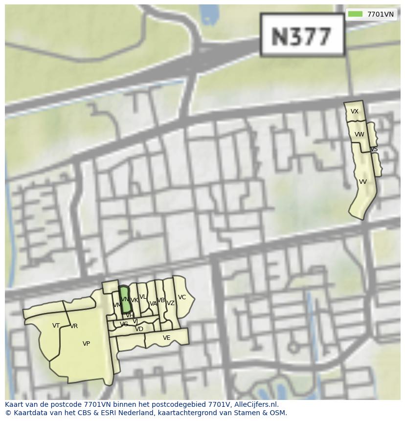 Afbeelding van het postcodegebied 7701 VN op de kaart.