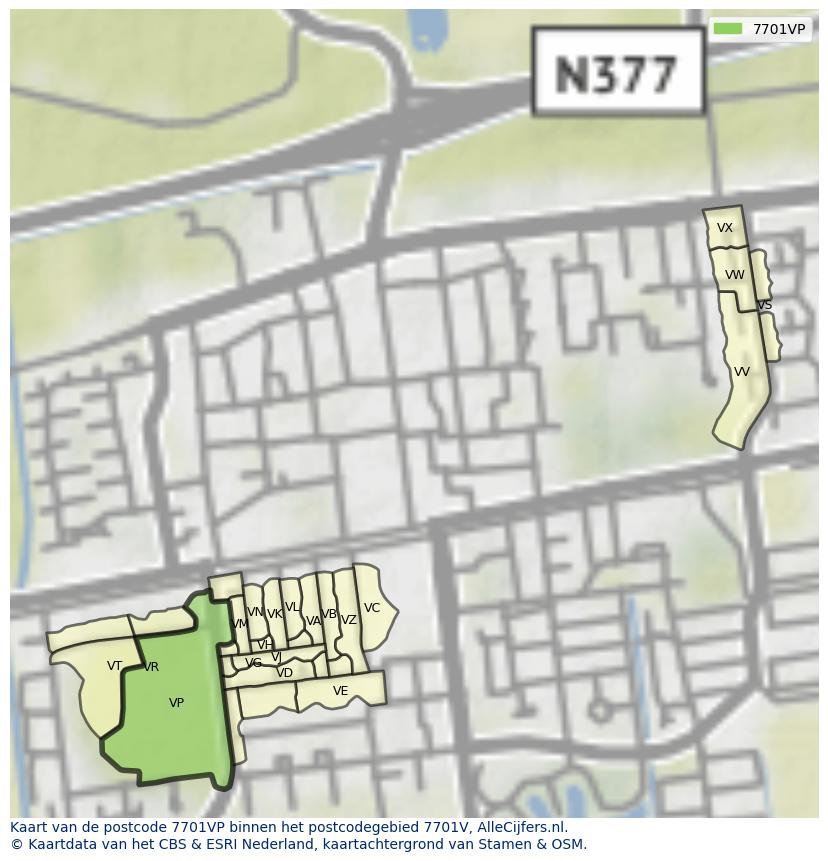 Afbeelding van het postcodegebied 7701 VP op de kaart.