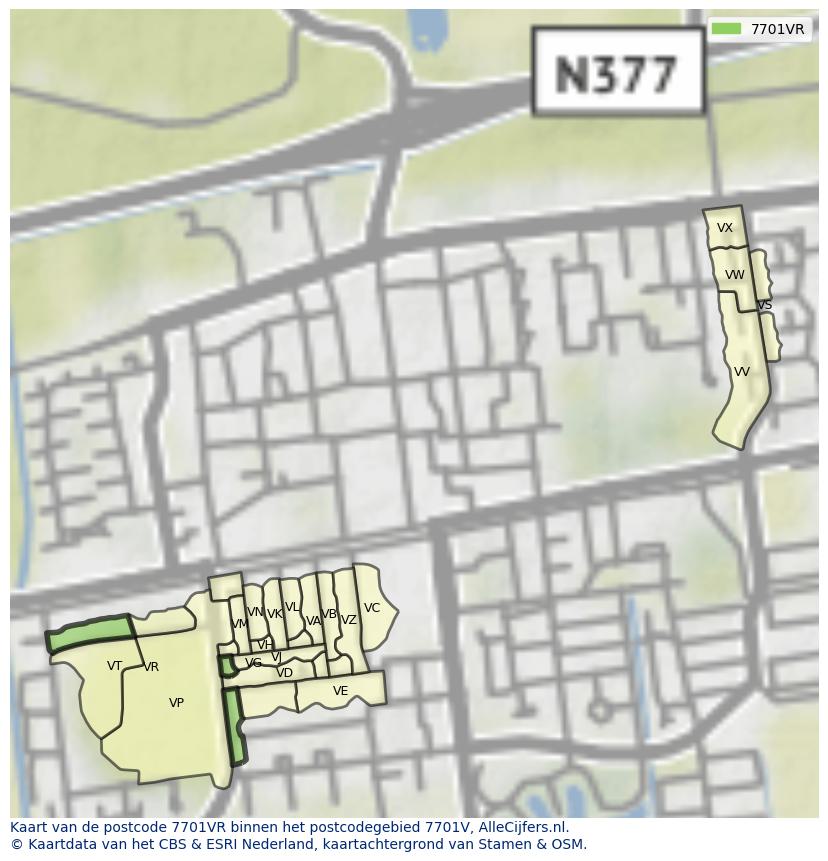 Afbeelding van het postcodegebied 7701 VR op de kaart.
