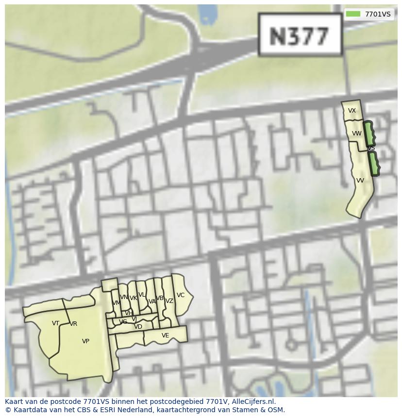 Afbeelding van het postcodegebied 7701 VS op de kaart.