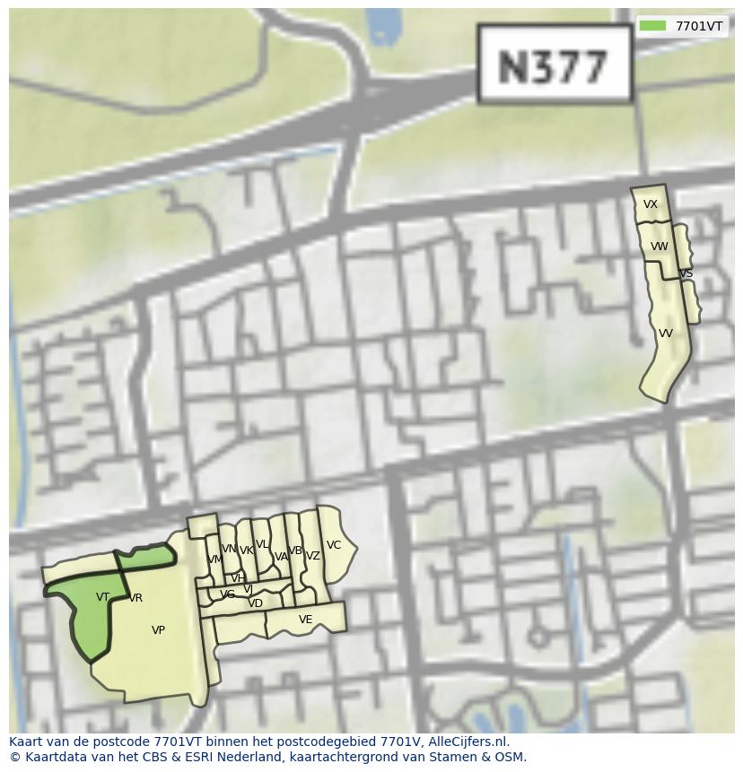 Afbeelding van het postcodegebied 7701 VT op de kaart.