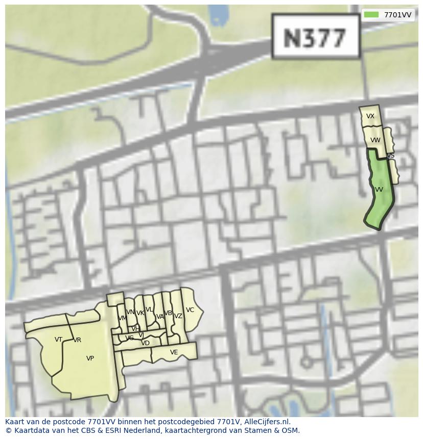 Afbeelding van het postcodegebied 7701 VV op de kaart.