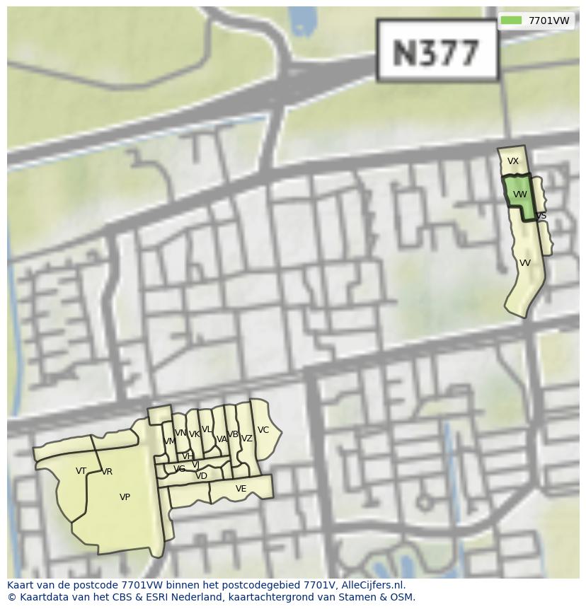 Afbeelding van het postcodegebied 7701 VW op de kaart.