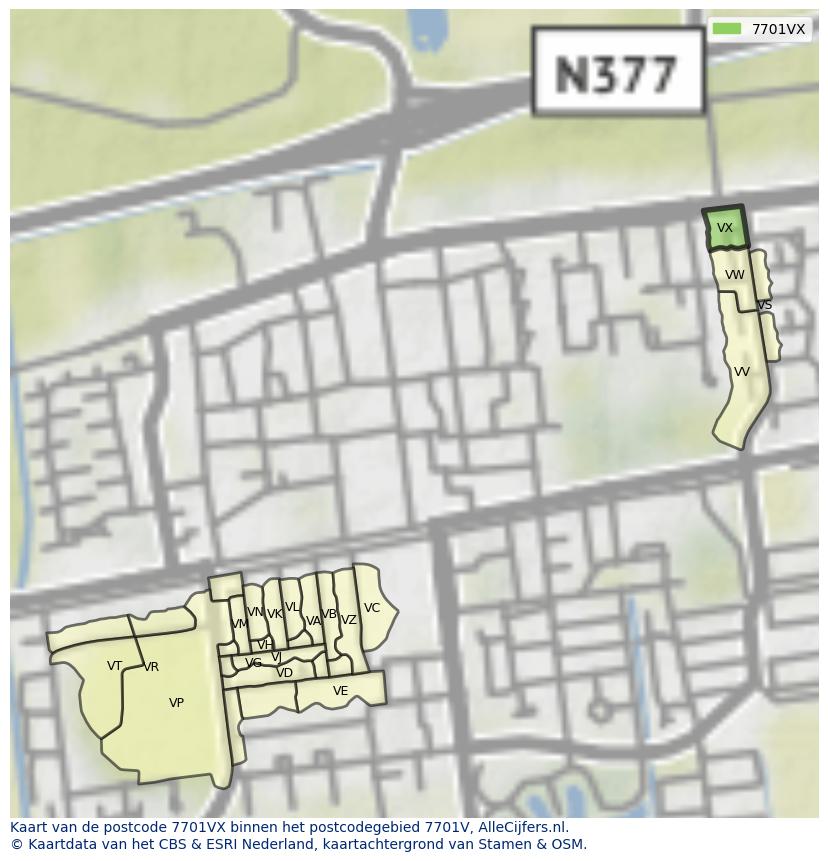 Afbeelding van het postcodegebied 7701 VX op de kaart.