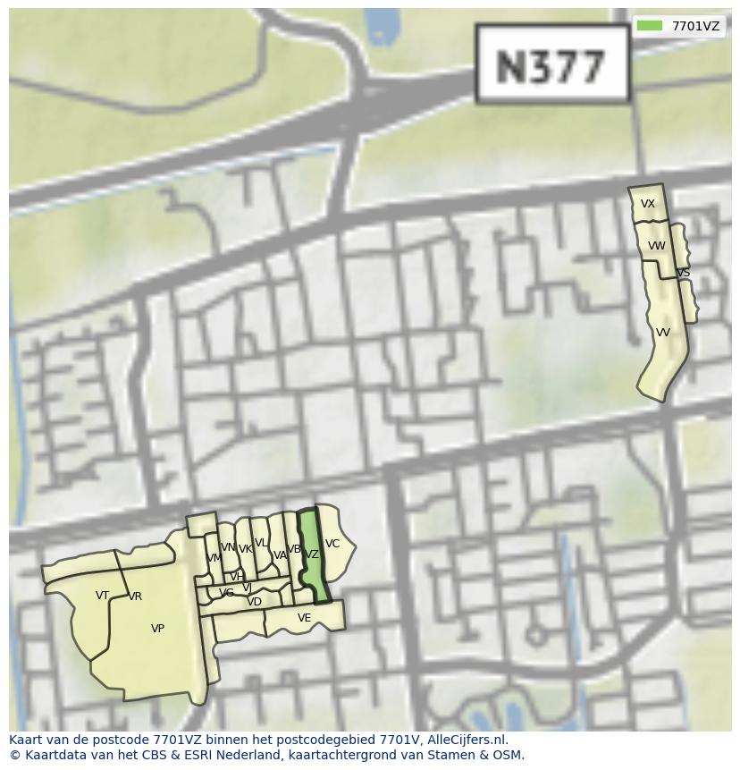 Afbeelding van het postcodegebied 7701 VZ op de kaart.