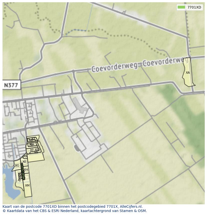 Afbeelding van het postcodegebied 7701 XD op de kaart.